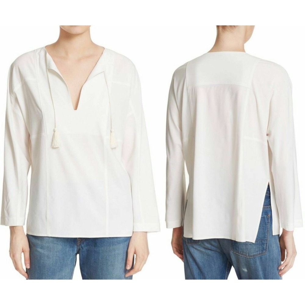 Vince Ivory Split Neck Tassel Tie Tunic Blouse Wool Blend Long Sleeve Small